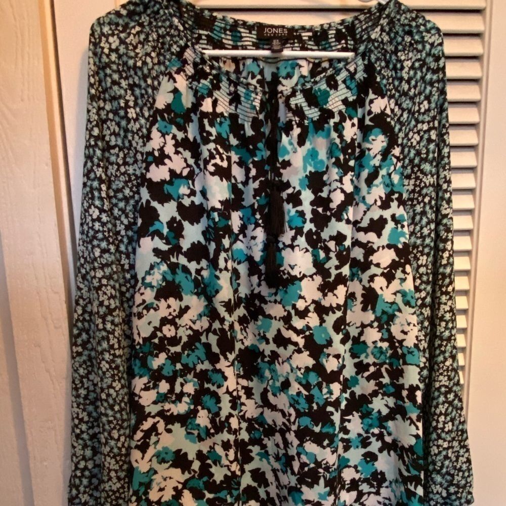 Jones New York Black Teal Floral Boho Peasant Top